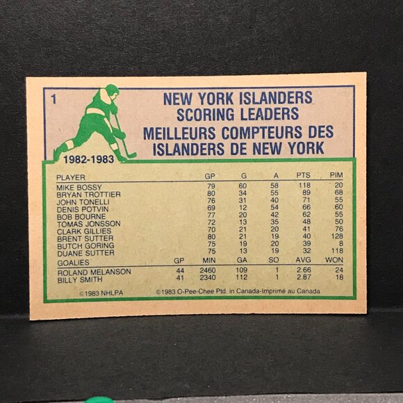 1983-84 O-Pee-Chee hockey OPC #1 - New York Islanders Team Leaders - MIKE BOSSY - Picture 2 of 2